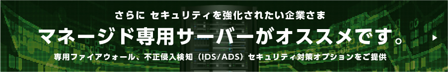 さらにセキュリテイを強化されたい企業さま、マネージド専用サーバーがオススメです。専用ファイアウォール、不正侵入検知（IDS/ADS）セキュリティ対策オプションをご提供